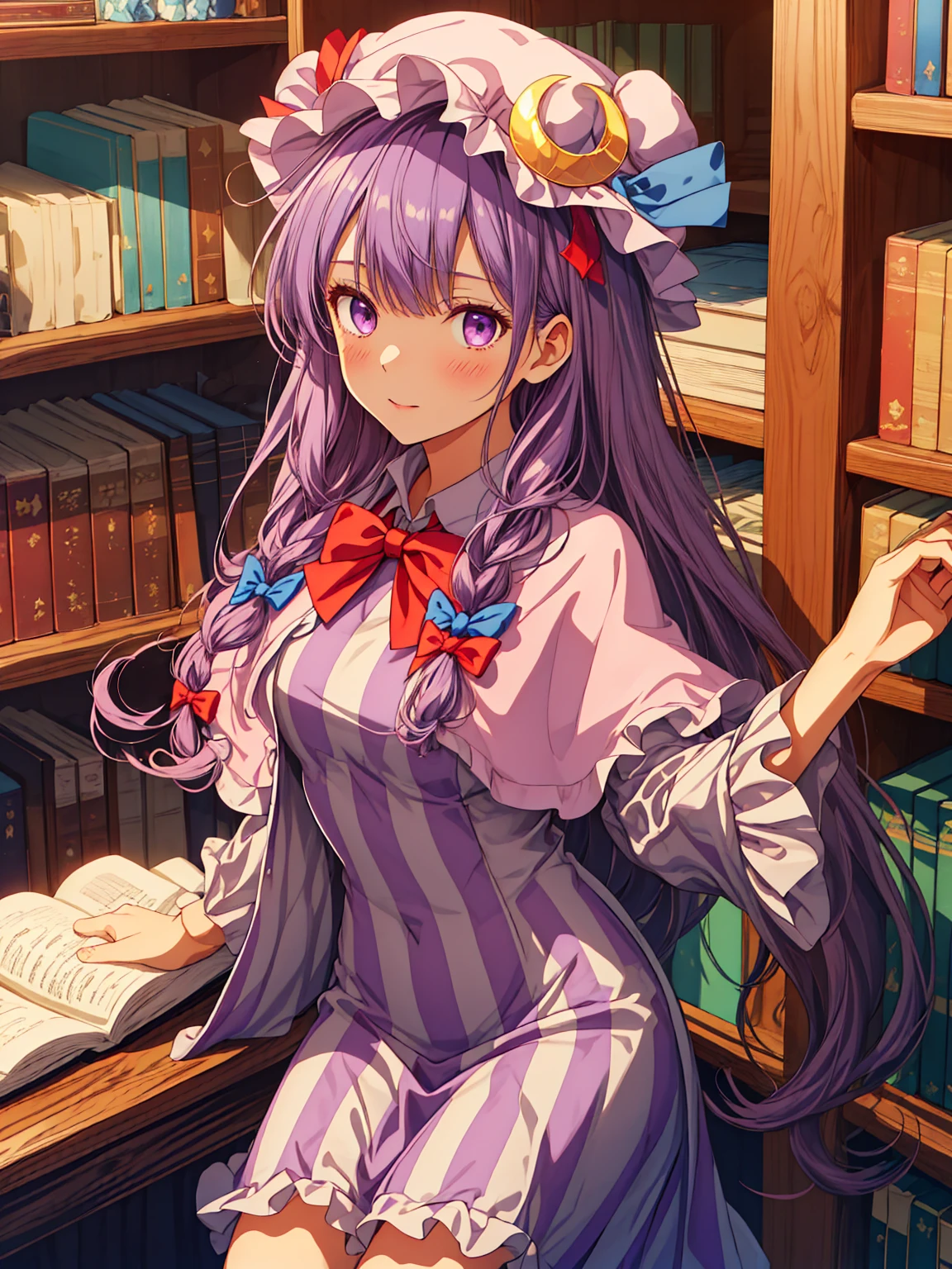 best quality, masterpiece, highres,  upper_body,  looking_at_viewer, solo, {patchouli_knowledge_touhou:1.15}, long_hair, purple_hair, crescent, purple_eyes, ribbon, hat, bow, bangs, mob_cap, hat_ornament, crescent_hat_ornament, hair_bow, red_bow, blue_bow, red_ribbon, capelet, hat_ribbon, striped, very_long_hair, 1girl, blunt_bangs, dress, long_sleeves, striped_dress, vertical-striped_dress, vertical_stripes, blue_ribbon, purple_dress, purple_headwear, sidelocks, bowtie, frills, purple_capelet, red_bowtie, wide_sleeves, Enchanted Libraries, fantasy, arms behind back,