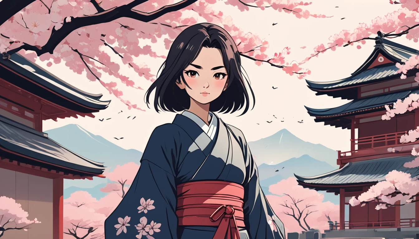 Female samurai,knife,Background is cherry blossoms and a Japanese temple、 Wide-angle lens, Lofi Anime, Lofi illustration, Aesthetic atmosphere, Lo-Fi Style, Vector art, Flat Design, Simple shape, Warm tones, Pleasant atmosphere, Chill, In anime style, Digital drawing, Vector art, Vector logo for t-shirt printing, (Adorable:1.5), (small:1.4), (Playful:1.2), (soft:1.3), (Whimsical:1.1), masterpiece, Highest quality, 8K, Intricate details, grow, Celestial, Mysterious, Picturesque, amazing, Majestic, Magic, Fantasy art, Cover art, dream-like