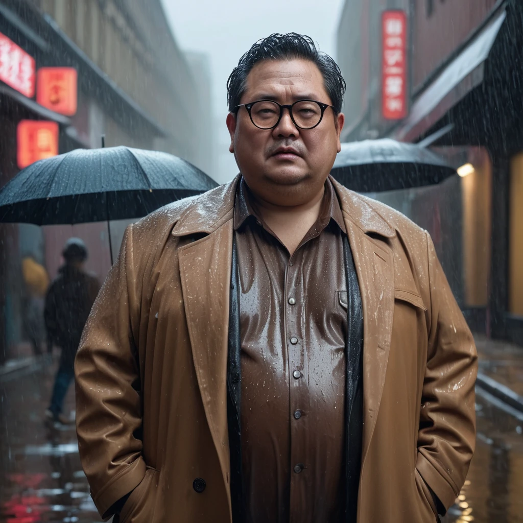 Fat, Chubby man in a brown coat, Shirtless , take off Shirt, Asian 50 year old, eye glasses, Wet, Raining, moody lighting, cinematic composition, detailed facial features, realistic skin textures, high level of detail, 8k, cinematic lighting, photorealistic, full body masterpiece.