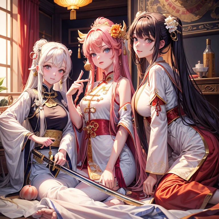 best quality, masterpiece, high resolution,3 girls,Pretty Face,whole body,Chinese clothes,White Taoist robe,Right hand holding sword (Gorgeous decoration),peach,