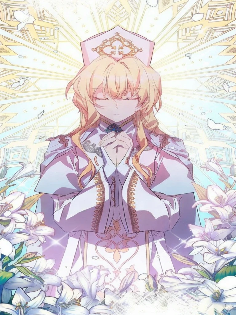 girl, wide, blonde and wavy with white skin. Praying with a cross in his hand dressed Catholicly
