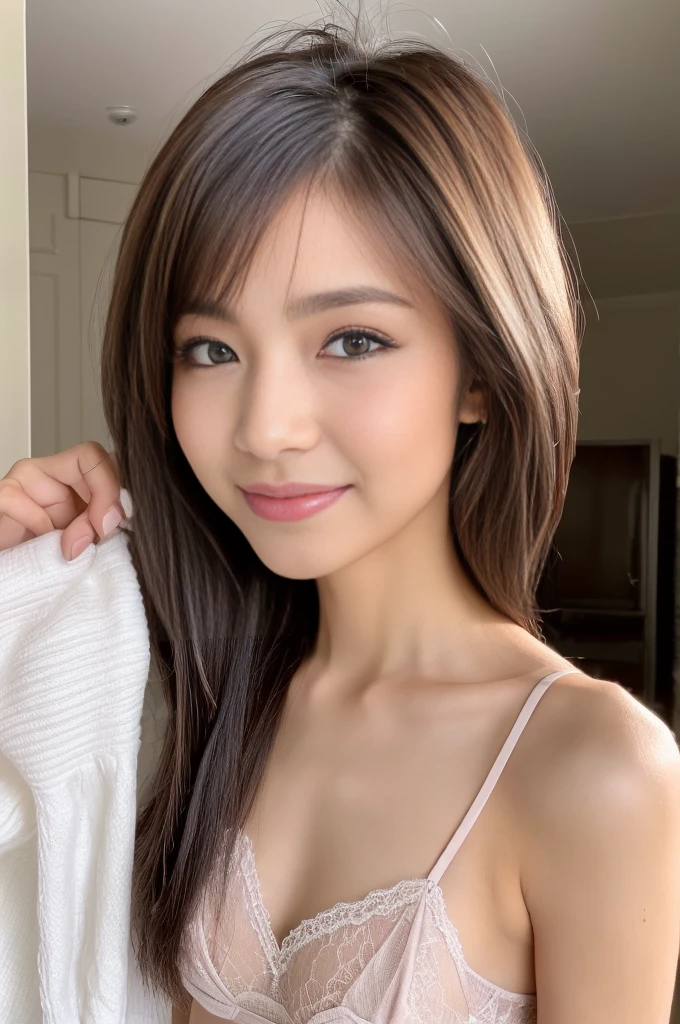 ((Highest quality, 8K, masterpiece: 1.3)), 1 female, Japanese, middle aged, wife, The beauty of slim abs: 1.3, (Hairstyle Casual, big: 1.2), Lace Lingerie: 1.1, V neck design, Super Slender Face, Sucking boy , Thin body type, Very small breasts, Very small waist, Delicate eyes, double eyelid, smile, room, RAW Photos