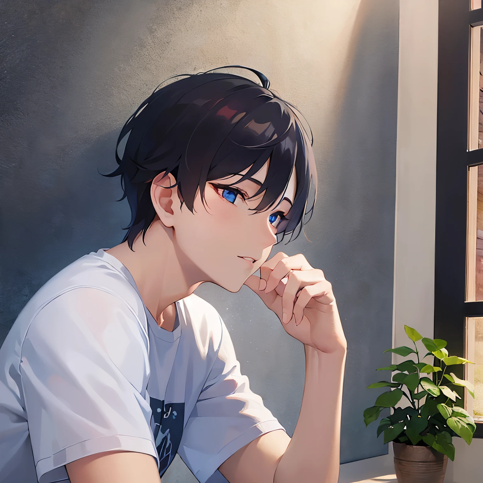 (looking away:1.5),upper body、 stroking own chin,profile、
shiny skin, masterpiece、Highest quality、(25-year-old male:1.5) and (Black short hair) and (blue eyes)
(white) and (T-Shirts),汗
thinking、The background is the dining room at night、(Alone:1.5)