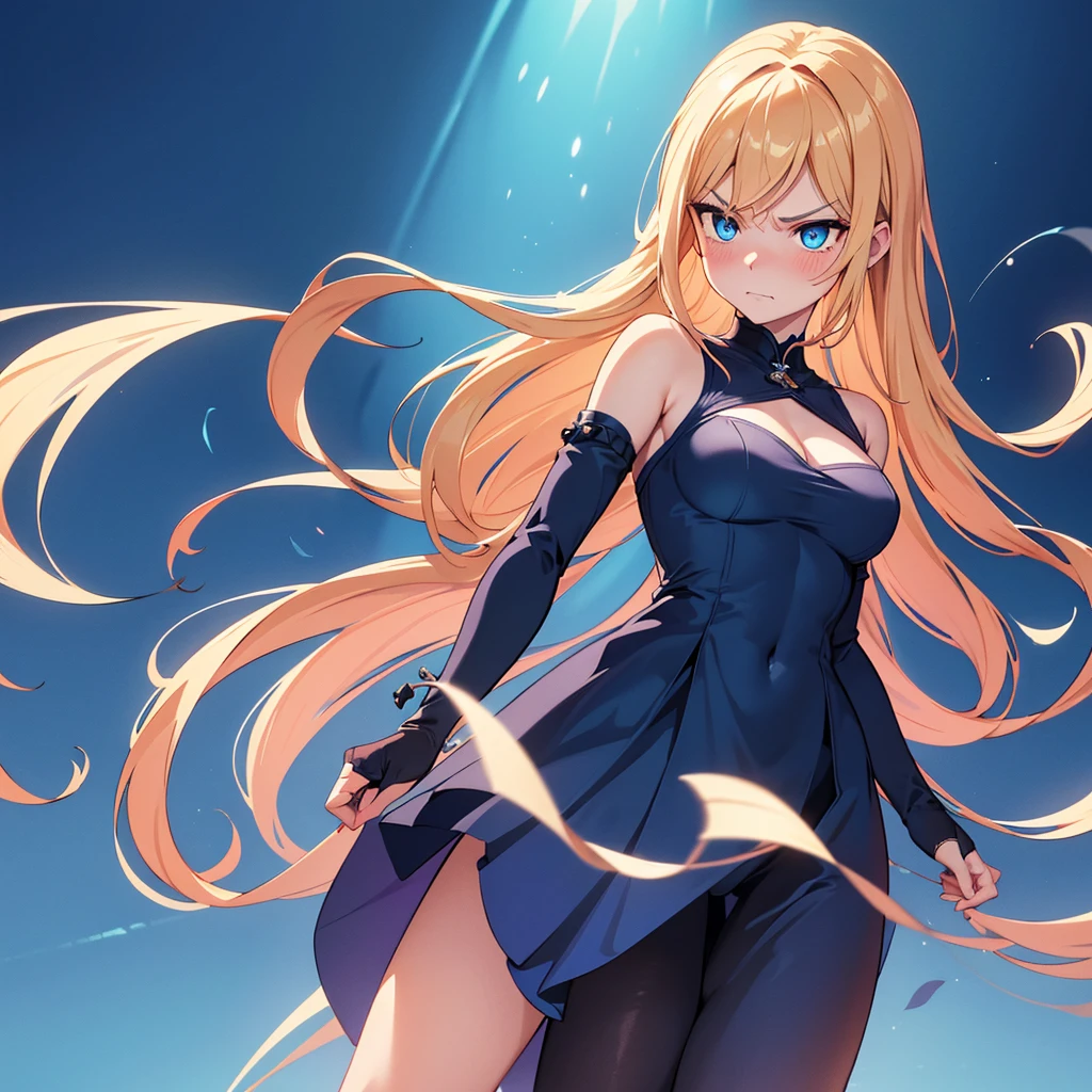 NSFW, (((1Woman))), ((best quality)), ((masterpiece)), (detailed), beautiful face, (((angry expression))), (defiance512:1.2), (((medium wavy hairstyle))), (((blue conservative dress outfit))), (((plain sky background))), big blue eyes, ((blush cheeks)), evil grin dominant expression, (((standing dominant pose))), (((blonde hair colour))), (((bright glowing hypnotic blue eyes))), (((skinny figure))), intense seductive gaze, contrasting soft skin, (lighting:1.2), 4:3 aspect ratio, full body, medium-size concealed