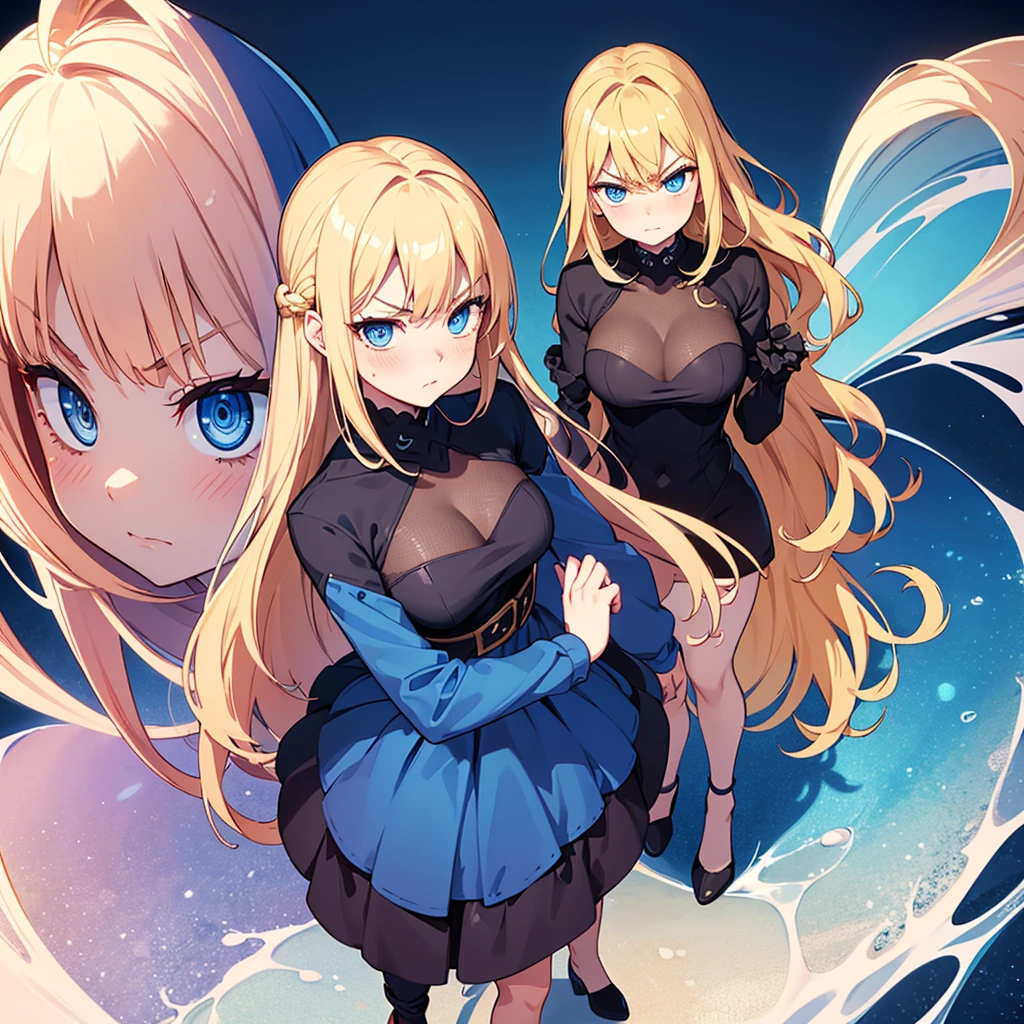NSFW, (((1Woman))), ((best quality)), ((masterpiece)), (detailed), beautiful face, (((angry expression))), (defiance512:1.2), (((medium wavy hairstyle))), (((blue conservative dress outfit))), (((plain sky background))), big blue eyes, ((blush cheeks)), evil grin dominant expression, (((standing dominant pose))), (((blonde hair colour))), (((bright glowing hypnotic blue eyes))), (((skinny figure))), intense seductive gaze, contrasting soft skin, (lighting:1.2), 4:3 aspect ratio, full body, medium-size concealed