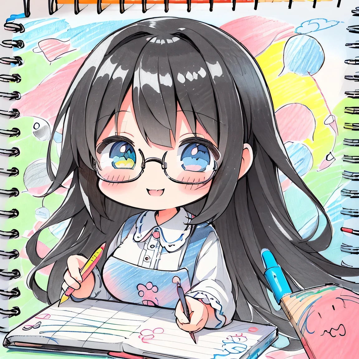 ((masterpiece)), ((best quality)), (ultra-detailed), ((kawaii)), cute, (lovely), illustration, anime style, (chibi:1.2), white sundress, (beautiful eyes), beautiful black hair, (long hair), slim, slender, glasses, medium breast, (holding colorful crayons:1.3), (Doodling in a large sketchbook:1.6), Looks like a lot of fun, smiling, Looking innocent.