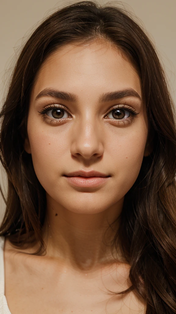 Create a feminine face with a very pretty nose and big light brown eyes.