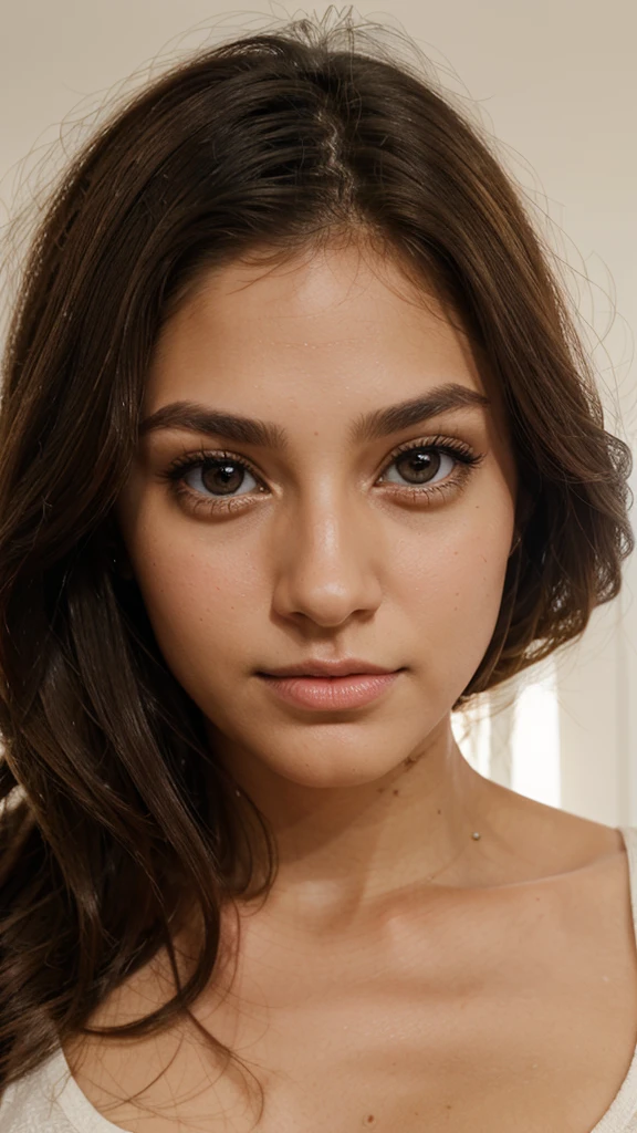 Create a feminine face with a very pretty nose and big light brown eyes.