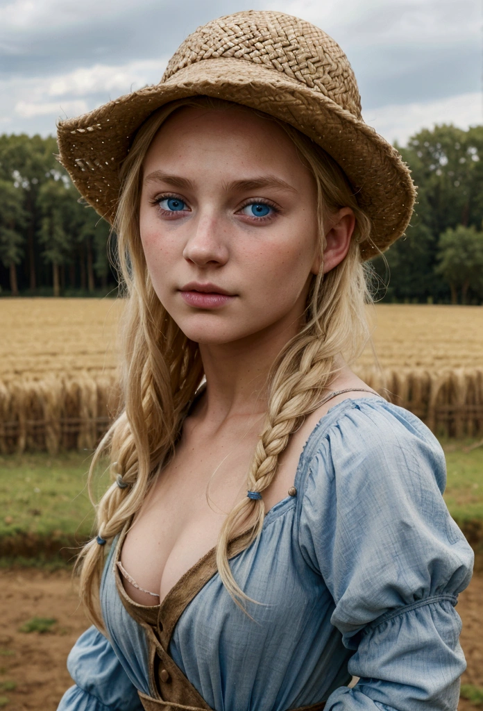 medieval peasant girl, blond hair, blue eyes , 18y, farm background,(best qualityer,4K,8K,A high resolution,work of art:1.2),ultra detail. dirty face
