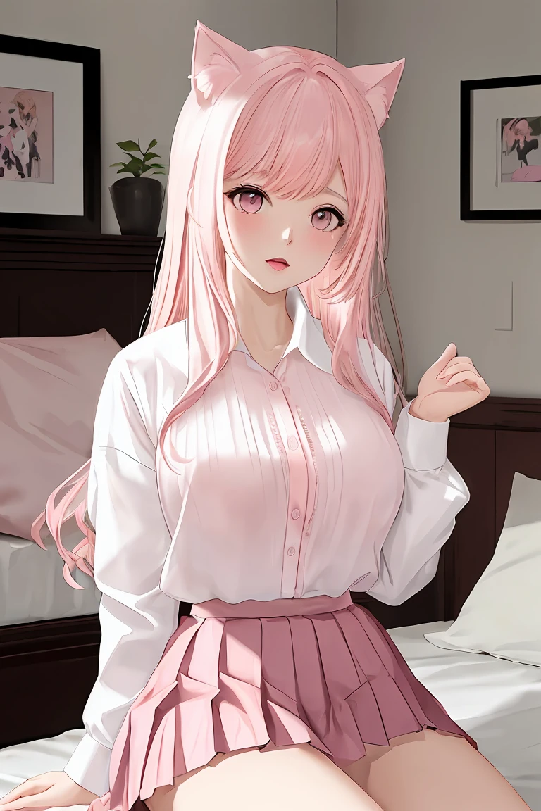 (score_9,score_8_up,score_7_up,score_6_up,score_5_up,score_4_up),masterpiece, top quality, best quality, official art, beautiful and aesthetic, animation, , 1girl with cat ear, perfect figure, pink hair, complicated details, bedroom, chat, (white shirt, pink pleated skirt:1.5), female tilted her head and knelt beside her brother ,