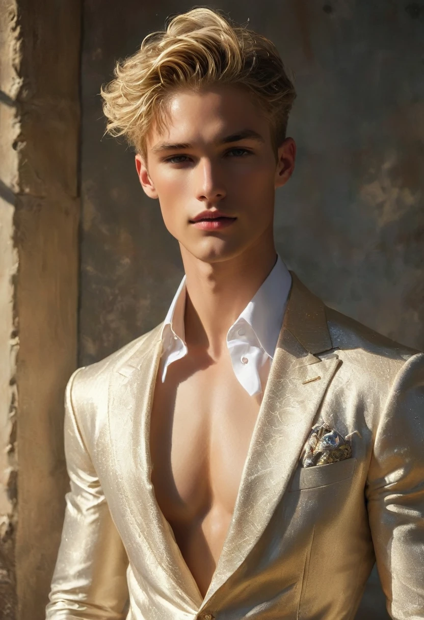 Candid image shot of 2man, mixed of male supermodel, 24-37 year old, an attractive and charming,, masculine appearance, slender, short platinum blonde hair in an undercut hairstyle, masculine appearance with slender physique, small pectorals, symmetric face, natural olive skin tone exudes youthfulness and athleticism, he is very photogenic man, Position him against an ornate dark background featuring a framed white and purple floral painting to add depth and richness to the scene, (He wears an open luxurious light purple and white patterned suit), semi hard bulge, His expression is serene and slightly introspective, with a soft confident gaze directed slightly off-camera, Utilize natural soft lighting streaming in from a window, casting gentle highlights and shadows that accentuate the contours of his face and the texture of his robe, The light creates a warm intimate atmosphere with a golden tone that enhances his skin and the robe, The interplay of light and shadow adds depth and dimension to the scene, slightly blurred focus background, bringing him into sharp clear detail while the rich tones of the background enhance the overall opulence of the image. Capture full-body short, dynamic angle, using a Canon EOS R7 and Sigma AF 85mm F1.4 EX DG HSM lens by Thomas Synnamon, Employ a shallow depth of field to focus closely on his face and body while softly blurring the background, Draw inspiration from high-fashion photographer, emphasize detail, texture and a sophisticated luxurious atmosphere, Emphasize the golden warm lighting and its effect on enhancing his features and the robe's rich textures, creating a visually captivating and elegant portrait that exudes warmth and sophistication, The overall mood blend the classical elegance of the modern, high-fashion aesthetic, producing an image that feels both timeless and contemporary, raw photo, masterpiece, best quality, Correct body structure, Correct photo distance,