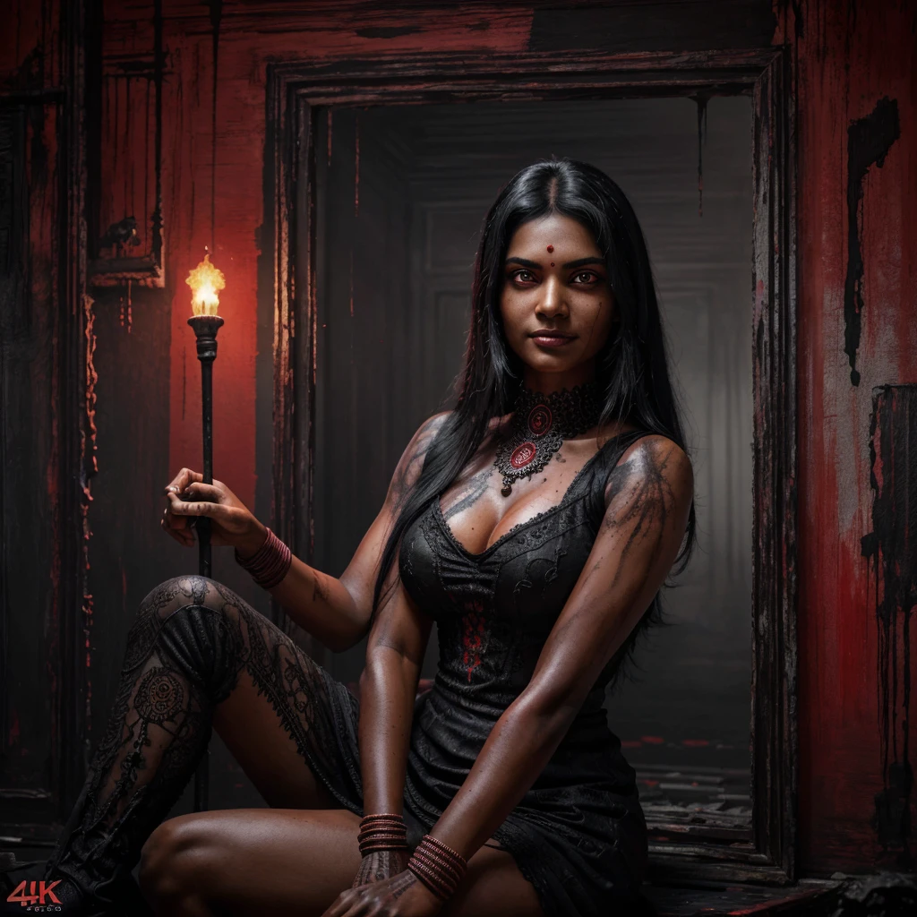 (horror background), creepy ambience,red eyes, indian woman,one hand is calling someone, glowing eyes, black hair, wearing red sleeveless dress, scary smile, full body ,sitting, building, (insanely detailed, beautiful detailed face,beautiful detailed eyes, masterpiece, best quality, painting style, 4k, ultra high resolution