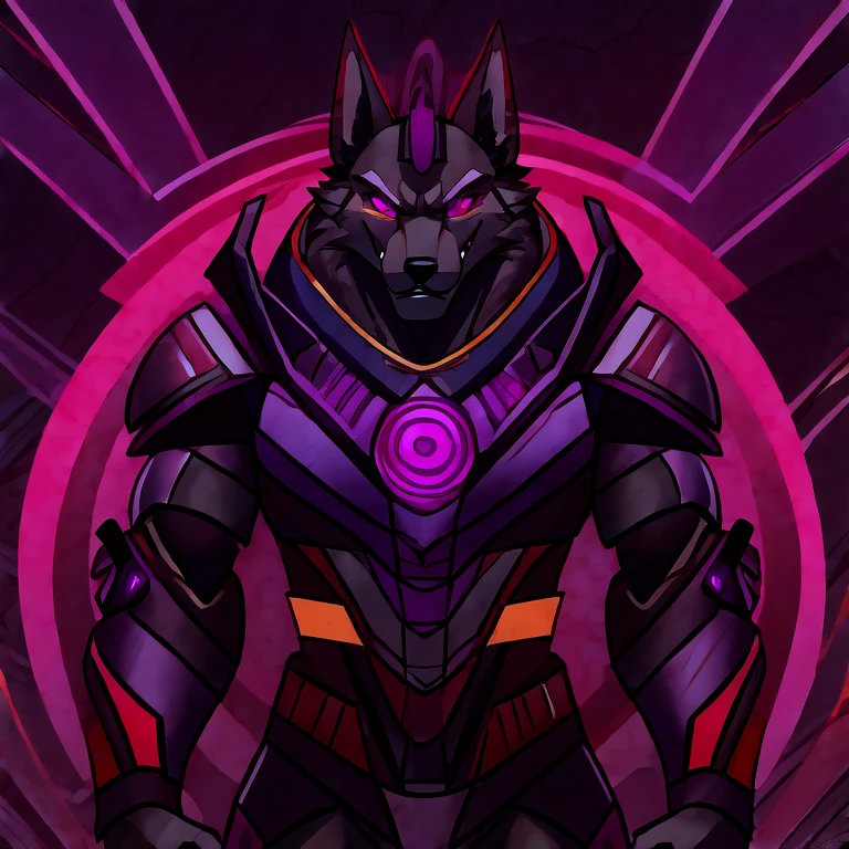 (masterpiece, best quality: 1.2), Anubis egyptian pharaoh Hellhound, a bodyguard, wolf, furry, black fur, an amazing boss, hypnotized with glowing purple eyes, serious and angry face, wearing futuristic armor, wearing futuristic armor, using a Pulse Rifle, Energy Rifle, Futuristic assault rifle, hell streets background