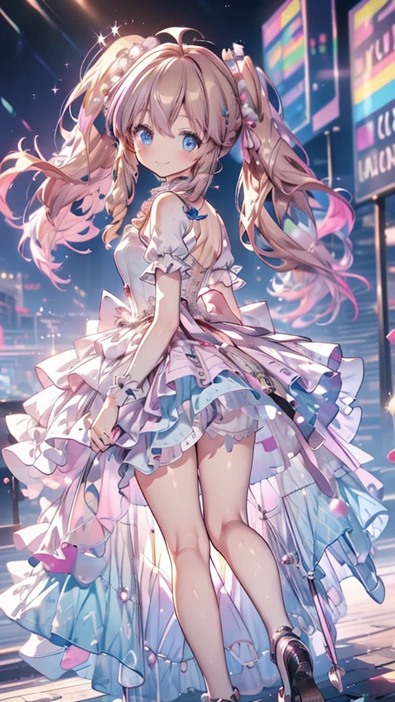 A world of colorful sweets, fluffly, A lot of sweets, colourfull, pastels, Cute, dream sweets, full body, front view, kawaii girl, blue eyes, light brown hair, back twintails, front braids, princess dress, smile, high resolution, best detailed face and eyes, masterpiece, best quality, 4k, 8k