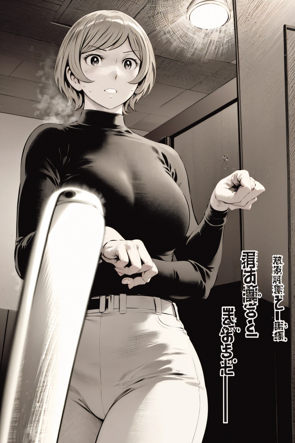 、(masterpiece、Highest quality)、Highest quality, Ultra-high resolution, (((masterpiece))), alone, Sweat、Big eyes,Tight black shirt、Tight white pants、belt、indoor、Composition from the front、（後ろCut your hair short、short hair、blonde、woman）、Shortcuts、Embarrassed face、Cut your hair short、可愛いwomanの子、Big Breasts、office