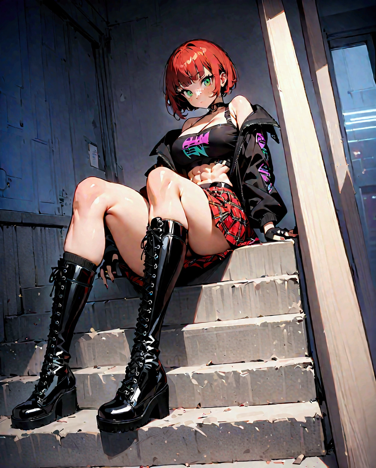 woman, curly red pixie cut hair, green eyes, wearing crop top black shirt, long black jacket, red plaid skirt, (black knee high boots), black fingerless gloves, exposed shoulders, (full body), large breasts freckles, cleavage, abs, looking at viewer, masterpiece, best quality, an14, Holo-Punk Style, sitting on steps