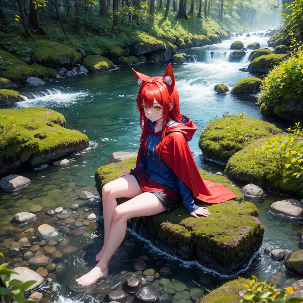 8K, best quality, (Reality:1.4), RAW photos, 1 Girl, Red hair, Animal ears, Blue hooded cape, Ears sticking out, posture: Sitting on rocks by forest river, Yellow eyes, -