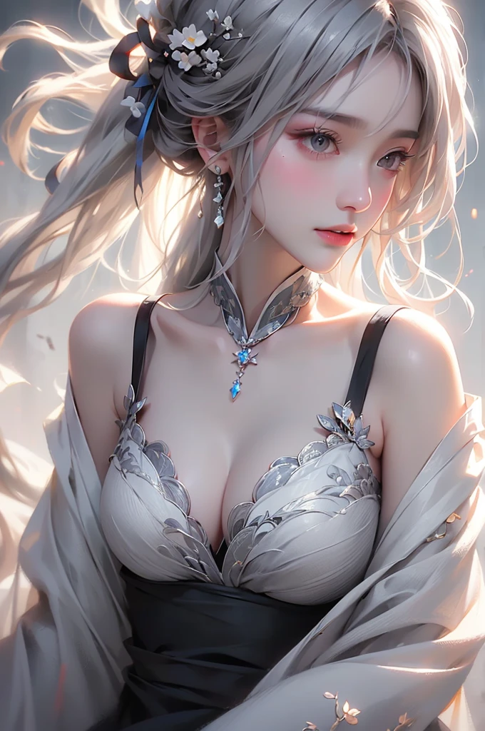 super high quality, masterpiece, Perfect illustration, Very detailed (Exquisite light and shadow, Very dramatic photo,Backlight) , ((Gray Hair:1.5))1 Girl,(( alone:1.6)), (Wearing Han clothes, Black and white Hanfu,Monotony,Long sleeve) Flower Field, Flowers, (White smoke:1.3) (Realistic:1.4), Zen Intertwining, Tangled, Official Art, unity 8k wallpaper, Very detailed, Beautiful and beautiful, masterpiece, Highest quality, (Dynamic Angle: 1.4), Glowing Skin, (Floating colorful flashes: 1) The most beautiful chaotic shapes, elegant, Brutalist Design, Bright colors, Romantic Depth of Field Exotic_dance, half_naked、（Separate sleeves:1.4, Expose your shoulders、Ample breasts、Beautiful cleavage）（side view）
