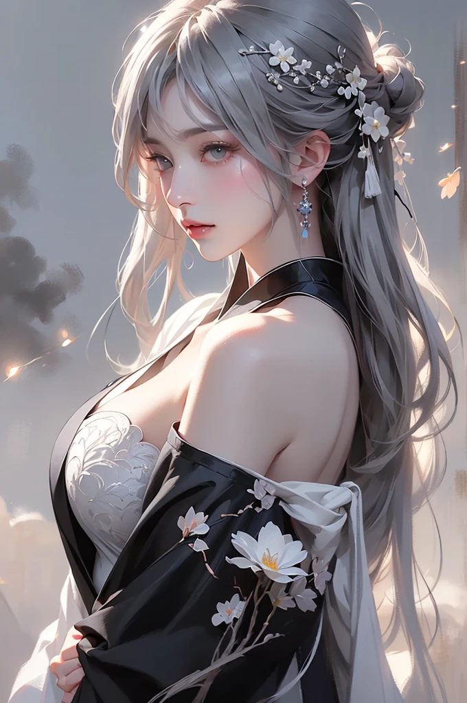 super high quality, masterpiece, Perfect illustration, Very detailed (Exquisite light and shadow, Very dramatic photo,Backlight) , ((Gray Hair:1.5))1 Girl,(( alone:1.6)), (Wearing Han clothes, Black and white Hanfu,Monotony,Long sleeve) Flower Field, Flowers, (White smoke:1.3) (Realistic:1.4), Zen Intertwining, Tangled, Official Art, unity 8k wallpaper, Very detailed, Beautiful and beautiful, masterpiece, Highest quality, (Dynamic Angle: 1.4), Glowing Skin, (Floating colorful flashes: 1) The most beautiful chaotic shapes, elegant, Brutalist Design, Bright colors, Romantic Depth of Field Exotic_dance, half_naked、（Separate sleeves:1.4, Expose your shoulders、Ample breasts、Beautiful cleavage）（side view）
