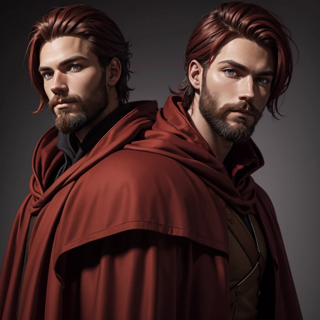 Portrait of a nordic man, dressed in red, young, brown beard and hair, red hood and robes, art style, purple eyes,