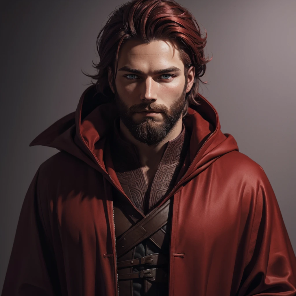 Portrait of a nordic man, dressed in red, young, brown beard and hair, red hood and robes, art style, purple eyes,