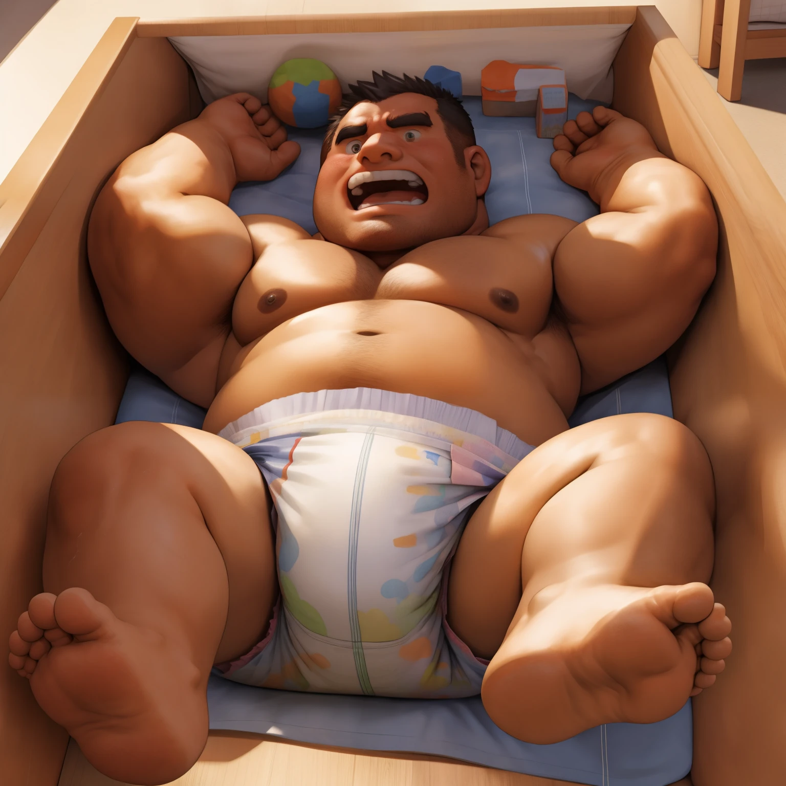 masterpiece, Top quality, in 32K, perfect anatomy, hyper detailed, photo realistic, super fine illustration, The thick man is a brutal prisoner, asian, retarded, human, 50yo in japan, Fatty muscle, (fatness:1.2), Bowleg, disappointment, incontinent, shy, sobbing, weak, sissy, Round face, be diaper check by children, There is a small puddle under him, Naked, short legs, Bowleg, spread and lifting legs, wear a White cloth Diaper, White Diaper without pattern, Pampers, Bare belly, Bare legs, Bare foots, Bare soles, Shirtless, wide forehead and short thinning hair, round face with stubble, Bare foots, Bare soles, He enters nursery school and is despised by children, He is taken care of by the children at the nursery school, He surrounded by children in playpen, Bare foots, big butt, White Diaper, sobbing, There is a small puddle under him, sobbing, He is lying in baby crib in nursery,  top view, open diaper, Diaper change