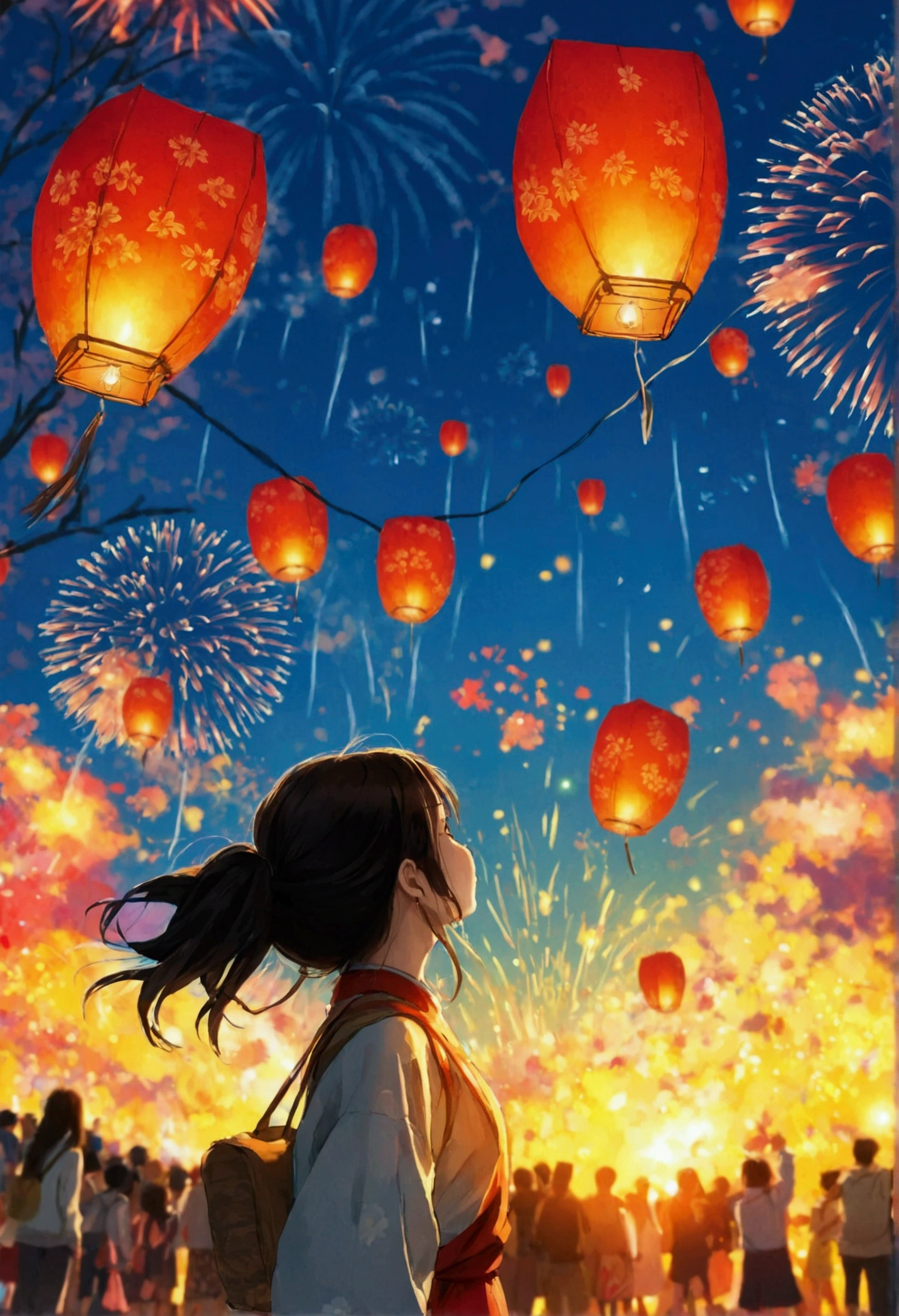 Summer festival、Japan、Lanterns and fireworks、５A drawing of a genius level、Fireworks main picture