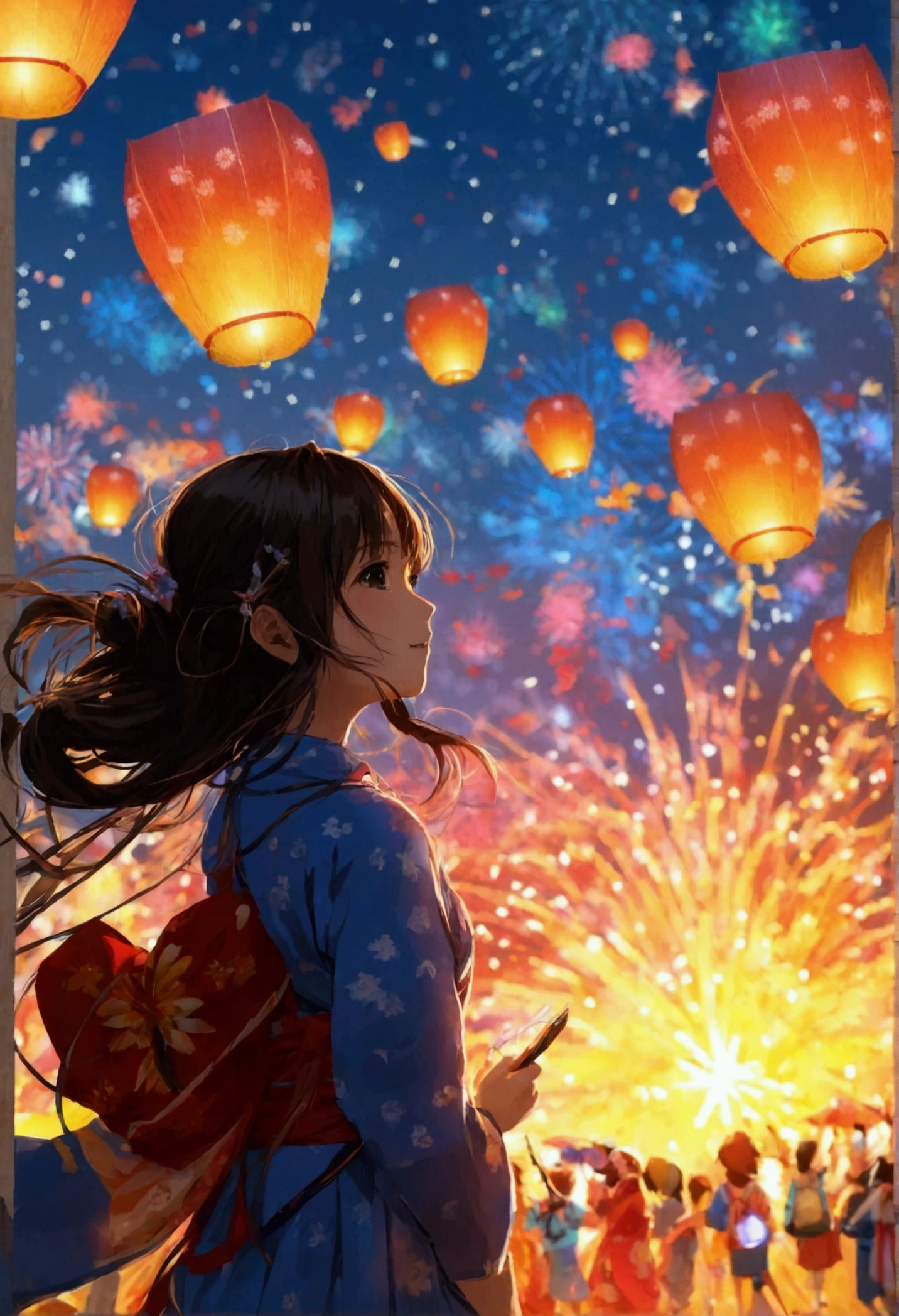 Summer festival、Japan、Lanterns and fireworks、5A drawing of a genius level、Fireworks main picture