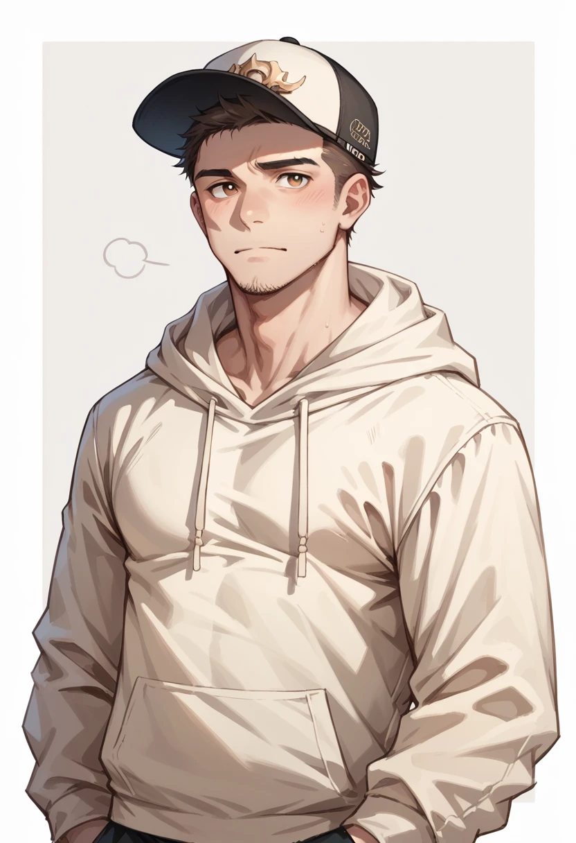 Human Male, Brown Stable haircut ,wearing cap hat , wearing Cool hoodie 