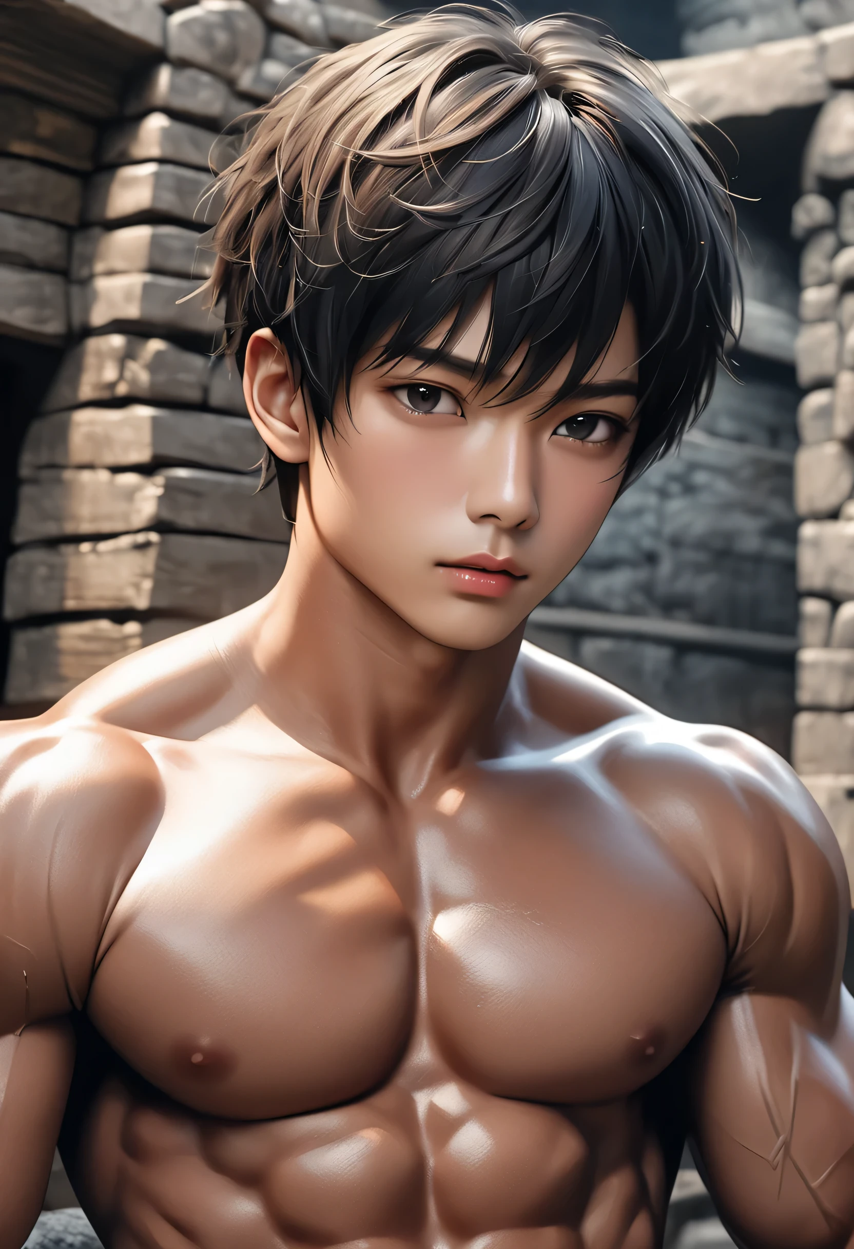high quality, detailed, photo Realistic, (22 years old tanned japanese idol boy), (detailed black eyes),(muscle:1.5), (black short hair),(tanned shiny skin:1.3), black tiny thong, bulge,(detailed nipples), yard, dungeon, (best quality,4k,8k,highres,masterpiece:1.2), (face close up:0.8),(realistic,photorealistic,photo-realistic:1.37),