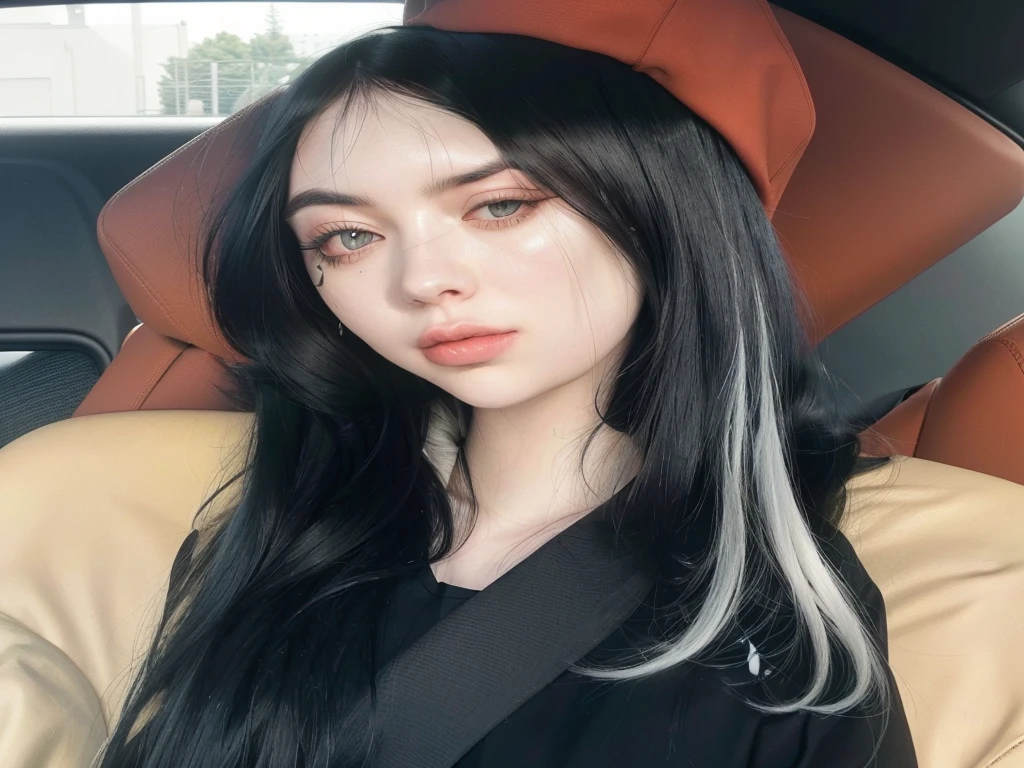 a woman with long black hair sitting in a car, Ava Max, Billie Eilish, Charli Bowater, Kailee Mandel, she looks like a mix of grimes, white bangsblack hair, (12x) extremely pale white skin, black hair and white bangs, extremely pale white skin, Billie Eilish from now, Her hair is white