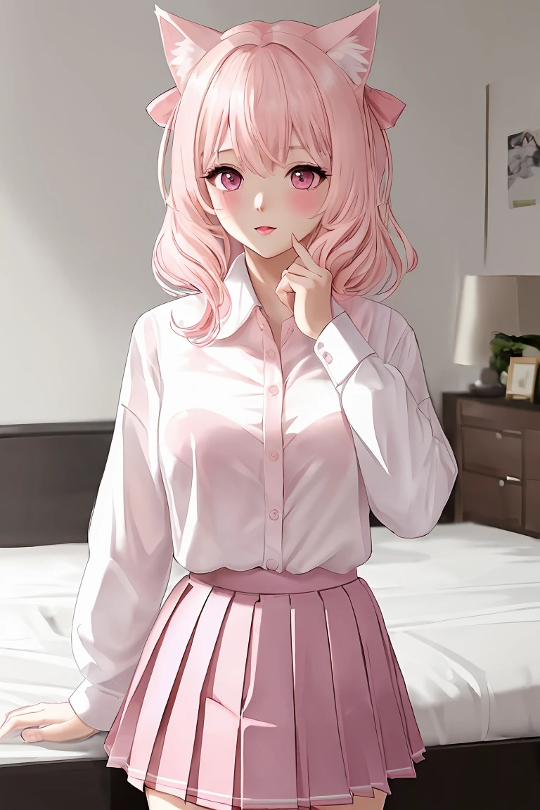 (score_9,score_8_up,score_7_up,score_6_up,score_5_up,score_4_up),masterpiece, top quality, best quality, official art, beautiful and aesthetic, animation, , 1girl with cat ear, perfect figure, pink hair, complicated details, bedroom, playing games, (white shirt, pink pleated skirt:1.5), female blushes, female bows ,