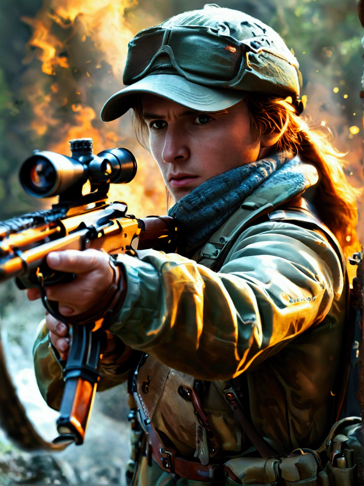 Illustration of holding or shooting a rifle.