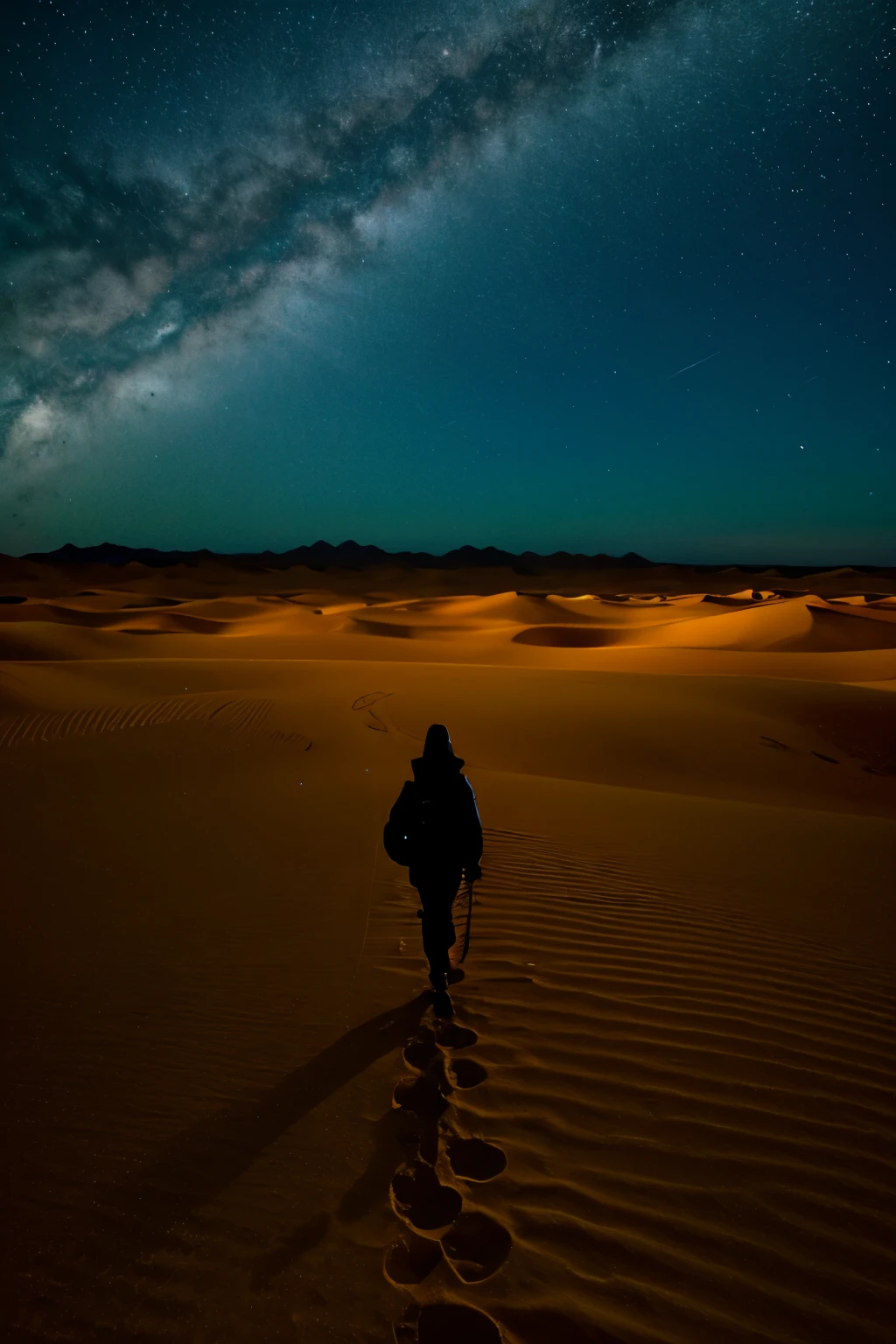 A person walking across a vast expanse of desert at night
