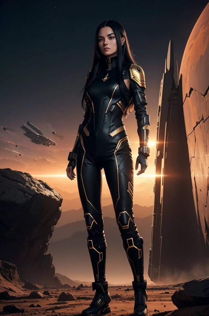 Create an image of a beautiful girl with long black hair. She is wearing a futuristic warrior jumpsuit in black with a few gold details. The girl is standing on the surface of Mars, characterized by its red, rocky terrain and a dramatic Martian sky. Behind her, there is a futuristic combat plane with the word "COD" written clearly on it as its name. The scene should convey a sense of futuristic adventure and sci-fi elements.