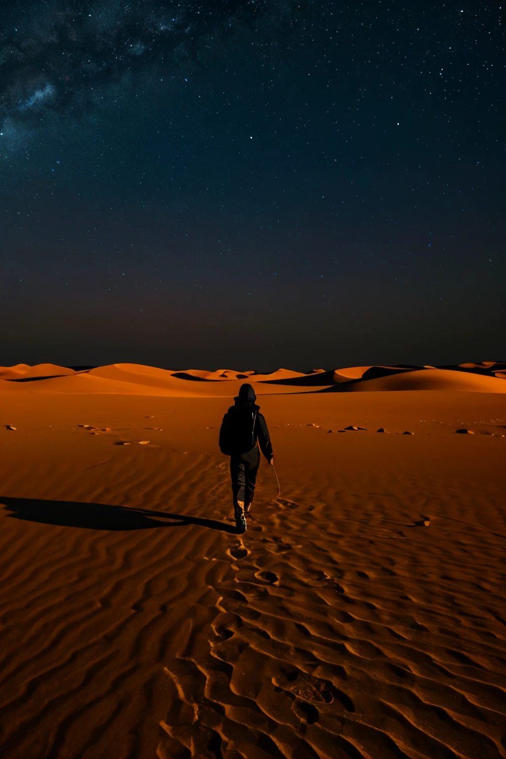 A person walking across a vast expanse of desert at night