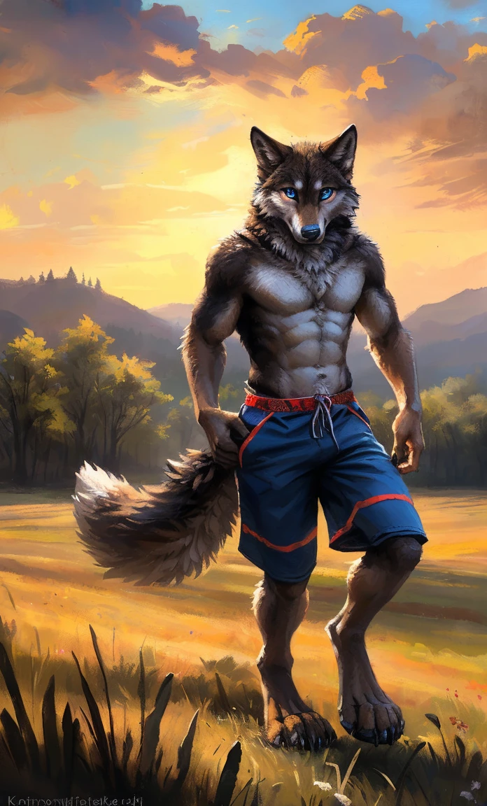 ((Solo)), male people, anthro wolf, (Multi-colored fur, White-brown:1.3，White tail pointed), (Height 2.1m,Tail length 1.2m), ((Wolf face, Big eyes, White eyelids, Blue pupil, Slim:1.2) (Tough, Calm expression:1.2)), Abs, Slim, pinging)), (Correct anatomy), (Work shorts:1.1), The upper body  naked, (detailed outfits),A long big tail，Feet，(Realistic fur, Detailed fur texture, labeled:1.3)), (Natural lighting), Photorealistic, Hyperrealistic, ultradetailed, by Kenket，Field，erect through，Running on