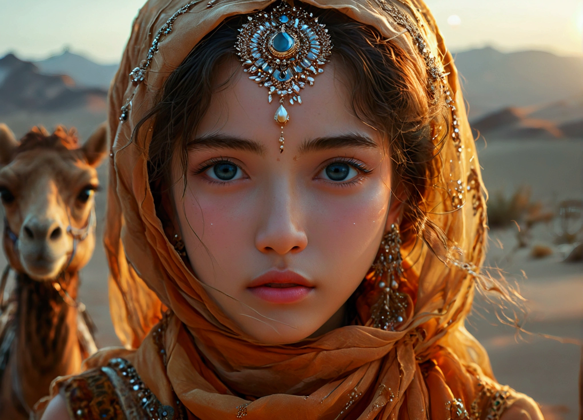 Moonlit Night、(Crescent Moon:1.2)、A photo of a young princess traveling through the desert at moonlight, High resolution,Super detailed,Portraiture,Detailed eyes and beautiful face,With camels、Live-action movie scene, Movie stills, Movie stills, Great scene