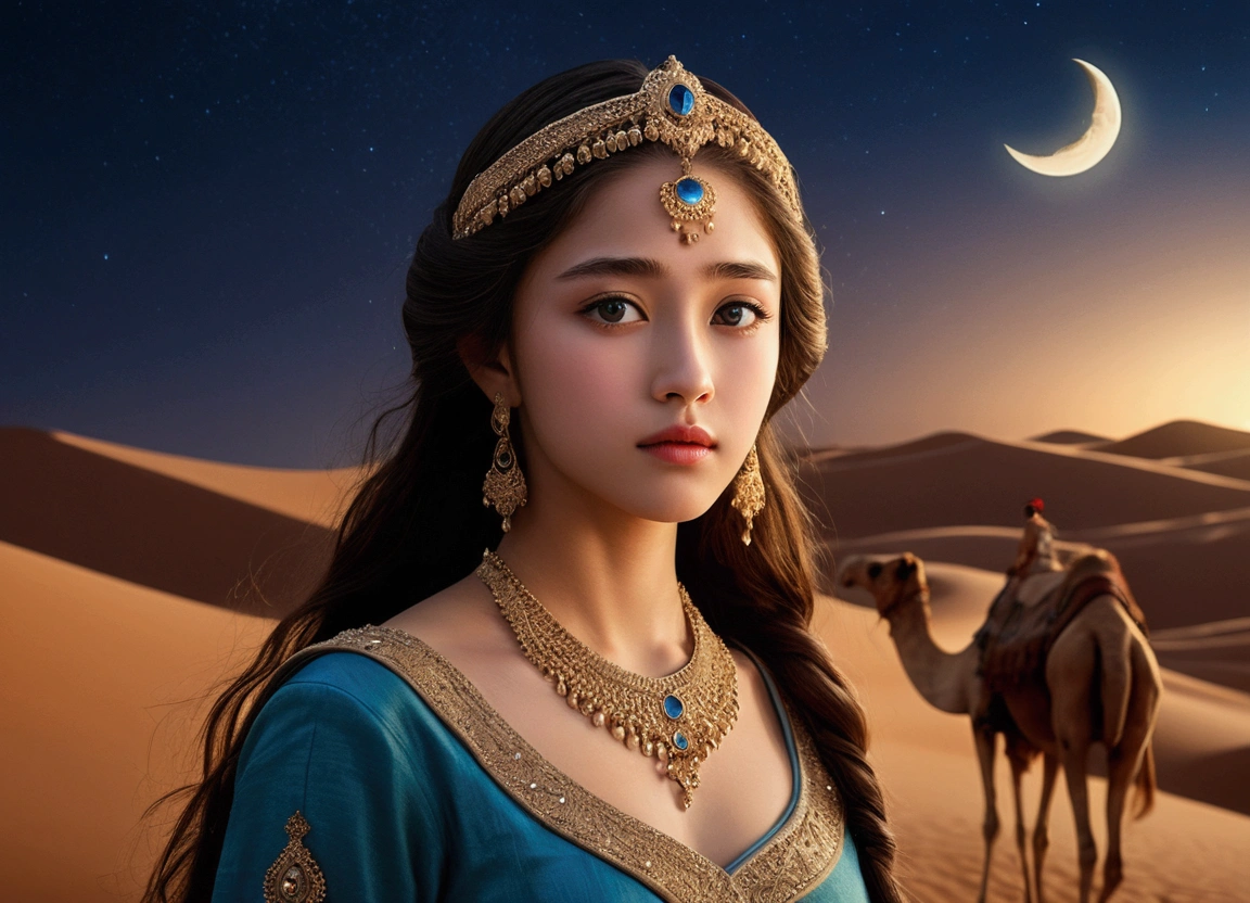 Moonlit Night、(Crescent Moon:1.2)、A photo of a young princess traveling through the desert at moonlight, High resolution,Super detailed,Portraiture,Detailed eyes and beautiful face,With camels、Live-action movie scene, Movie stills, Movie stills, Great scene