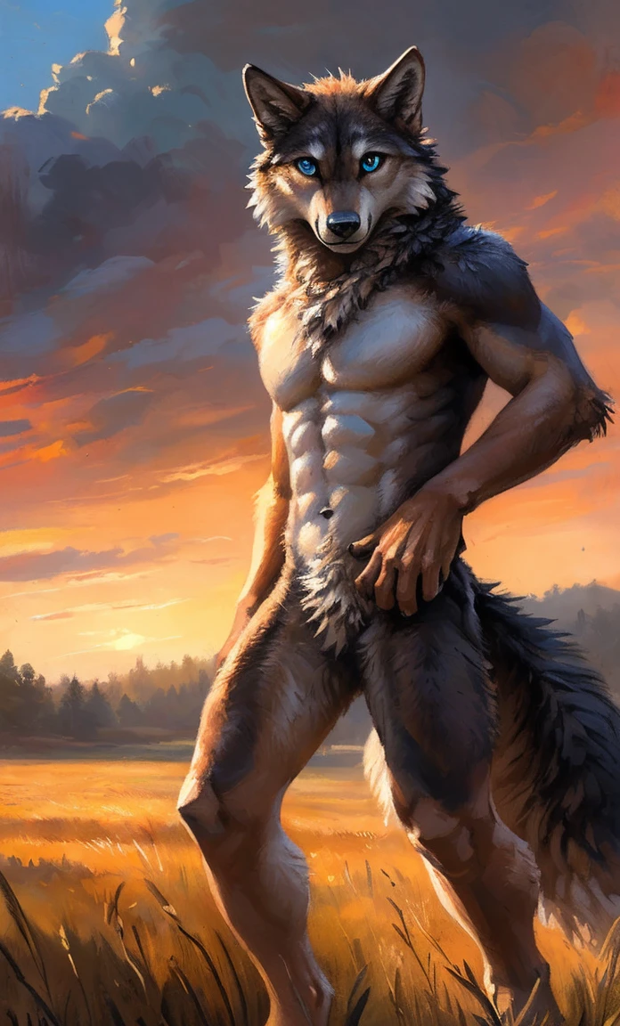 ((Solo)), male people, anthro wolf, (Multi-colored fur, White-brown:1.3,White tail pointed), (Height 2.1m,Tail length 1.5m), ((Wolf face, Big eyes, White eyelids, Blue pupil, Slim:1.2) (Tough, Calm expression:1.2)), Abs, Slim, pinging)), (Correct anatomy), Naked all over the body,A long big tail,Feet,(Realistic fur, Detailed fur texture, labeled:1.3)), (Natural lighting), Photorealistic, Hyperrealistic, ultradetailed, by Kenket,Field,No artifacts