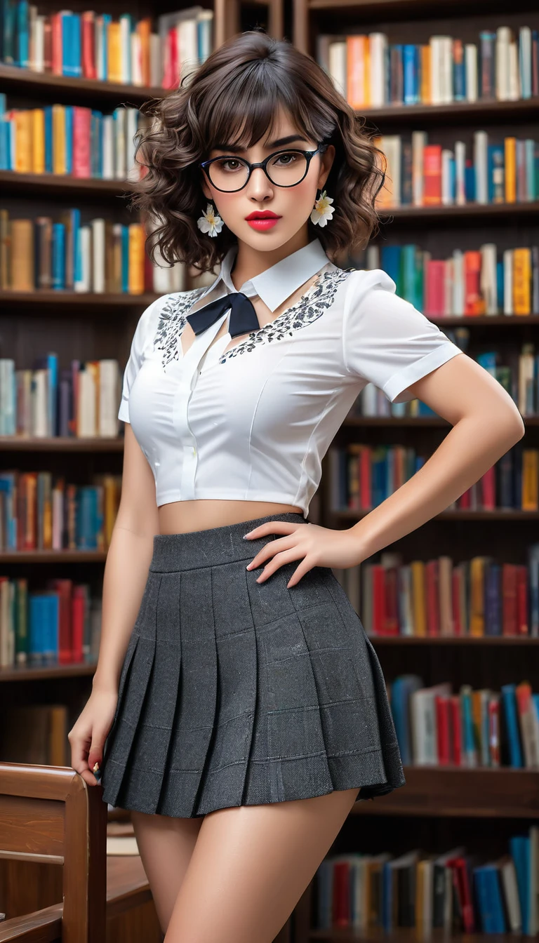 (((beautiful beautiful Isabela Merced, posing for uploadss, looking sexy, ruffled lips, Cabelo curto e curly, extremely pretty eyes))), ((wearing floral silver necklace)), realistic uploadsgraph, highy detailed, Foco do pointed, (Main lighting), (indoor bookstore environment), artwork, extremely pretty, Perfect beauty, (perfect shape body, Broad Hips, small waist, thick-thighs, firm abs, Body cute, knees, knees, focus on the knees, breasts small), cabelo curto com franja, short hair with bangs covering the forehead, cabelo curto com franja ((((short hair with bangs covering the forehead)))), ((30 years old)), (extremely detaild 8k wallpaper), ((face detailed)), (((wearing white shirt, saia curta de tweed, knees, knees, stitched nylons, Strad sandals)), (long dark eyelashes), (((earrings))), ((())), (((seen from behind))), (looking at the camera), ((())), (glamor model), (seductive facial expression) (((standing between high shelves full of books))), extremely detaild, artwork, Intricate details, highy detailed, Foco do pointed, skin detailed, realistic skin texture, texture, detailedeyes, high resolution, kodak vision color, uploads_\(ultra\), Post-processing, maximum detail, roughness, real-life, ultra realistic, uploadsrealism, uploadsgraphy, absurderes, RAW uploads, highest quallity, high detail RAW color uploads, professional uploads, extremely detaild UHD 8k wallpaper unit, best quality, high resolution, (artwork, maximum quality, high resolution:1.4), uploads, cinematic, Film grain, pointed, soft natural light, magic uploadsgraphy, super verbose, ((whole body: legs 1.3)), librarian glasses, nerd glasses, ((pleated miniskirt: miniskirt 1.3))