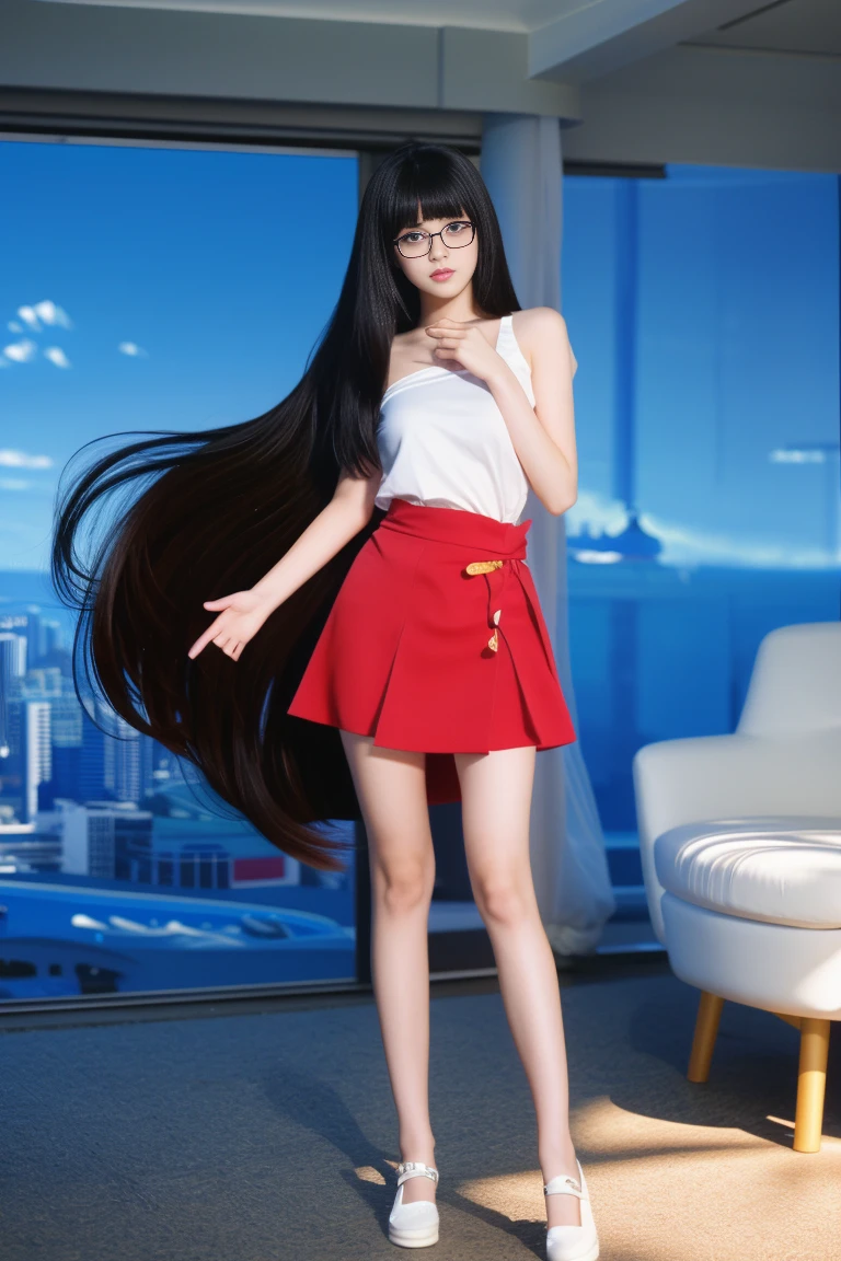 best quality, tmasterpiece,Ultra-high resolution,Clear face,(Reality:1.4),ferpect lighting,(full body), (photorealistic:1.50), anime wallpaper, Guviz style artwork, cover-up fantasy up to magic , by Yang J, Guviz, beautiful artwork illustration, beautiful digital artwork, beautiful digital illustration, Li Song, beautiful anime portrait, art style in Beauvot, 1girl, 独奏, long hair, black hair, bangs, purple eyes, double eyelids, blush, Red cheeks, black tank top, Short skirt, Wearing glasses, super Giant breast:1.5, shagging breasts, indoor, room, standing,