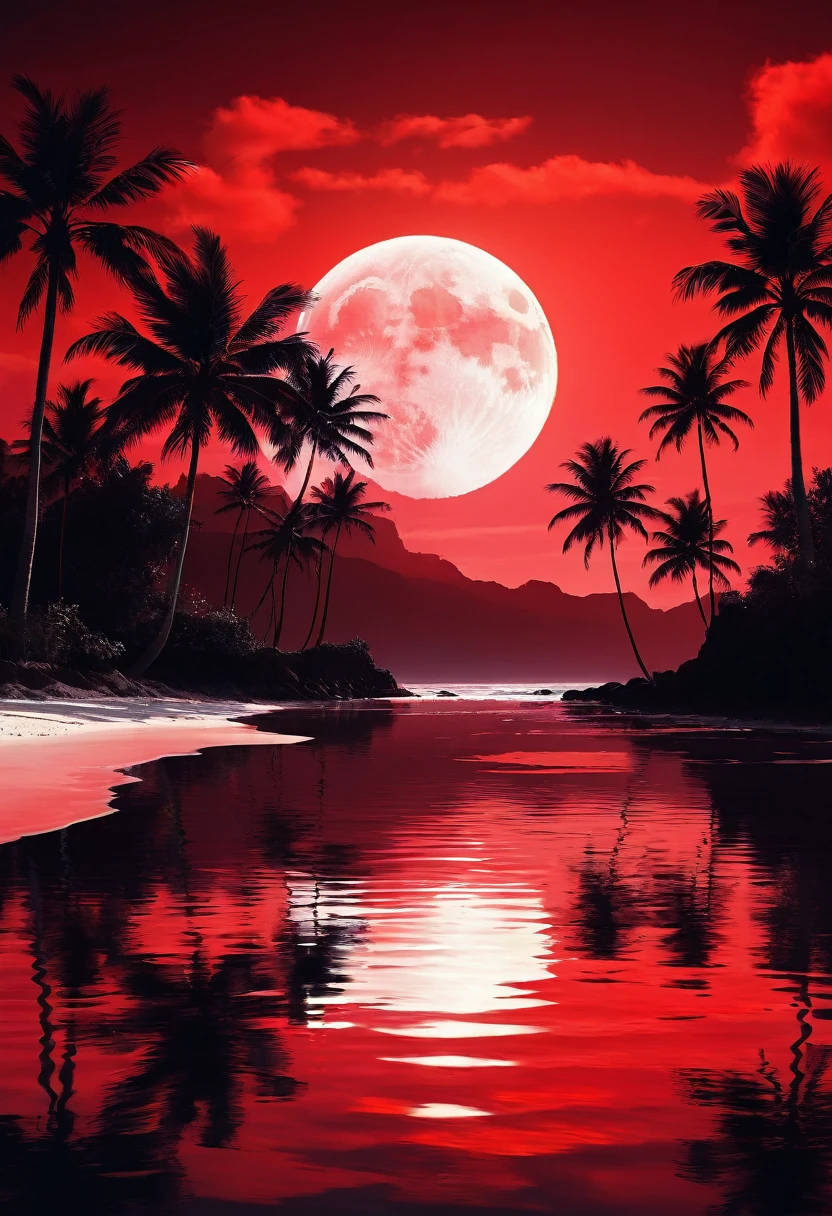 a sunset on a tropical beach with palm trees, a picture, by derek zabrocki, tumblr, romanticism, huge red moon, red and black colors, mobile wallpaper, beautiful ambience, reflection of the moon, gorgeous sunlight and shadows, red and white colors, red on black, beautiful graphics, red lake