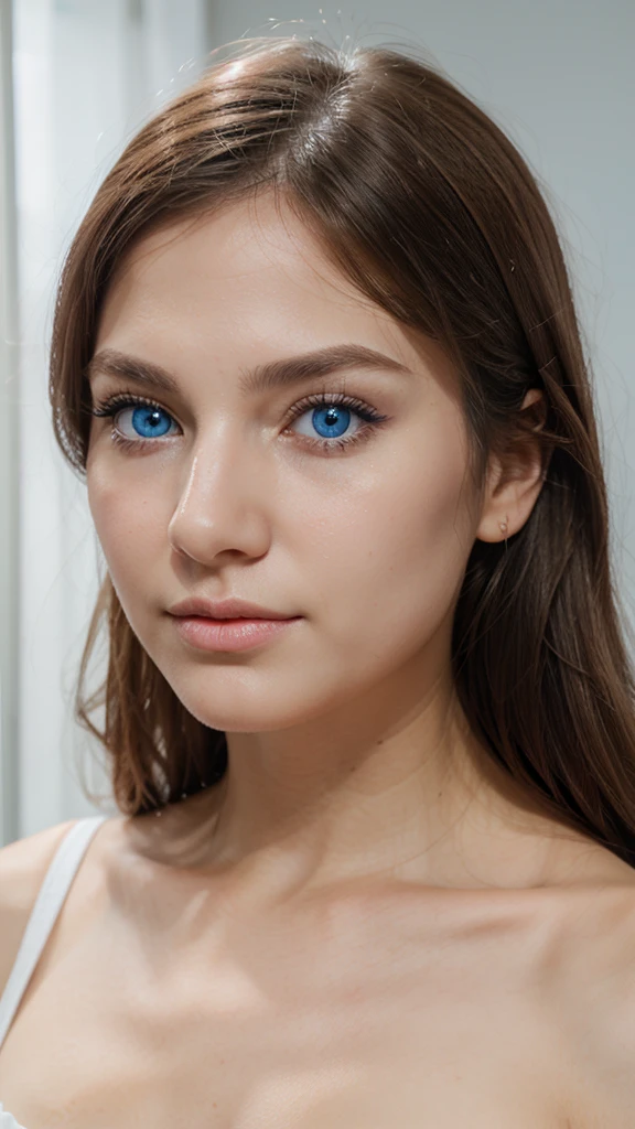 Create a feminine face with a very pretty nose and big light blue eyes.,and white skin