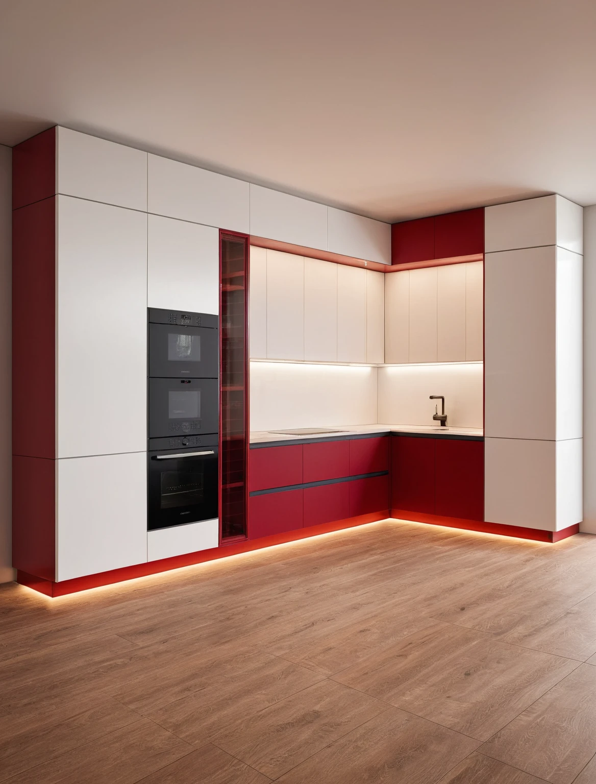 Raw photo,Masterpiece, high quality, best quality, authentic, super detail, interior , sunset, daylight, Kitchen Cabinets style modern, Induction cooker, sink, faucet, oven, built-in microwave, wooden floor, hood, wine cabinet, ((red tones))