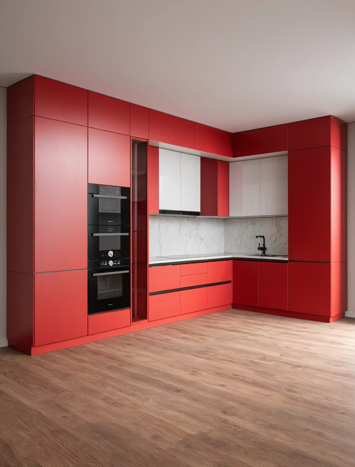 Raw photo,Masterpiece, high quality, best quality, authentic, super detail, interior , sunset, daylight, Kitchen Cabinets style modern, Induction cooker, sink, faucet, oven, built-in microwave, wooden floor, hood, wine cabinet, ((red tones))