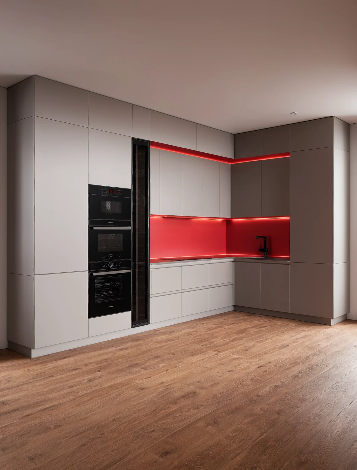 Raw photo,Masterpiece, high quality, best quality, authentic, super detail, interior , sunset, daylight, Kitchen Cabinets style modern, Induction cooker, sink, faucet, oven, built-in microwave, wooden floor, hood, wine cabinet, ((red tones))