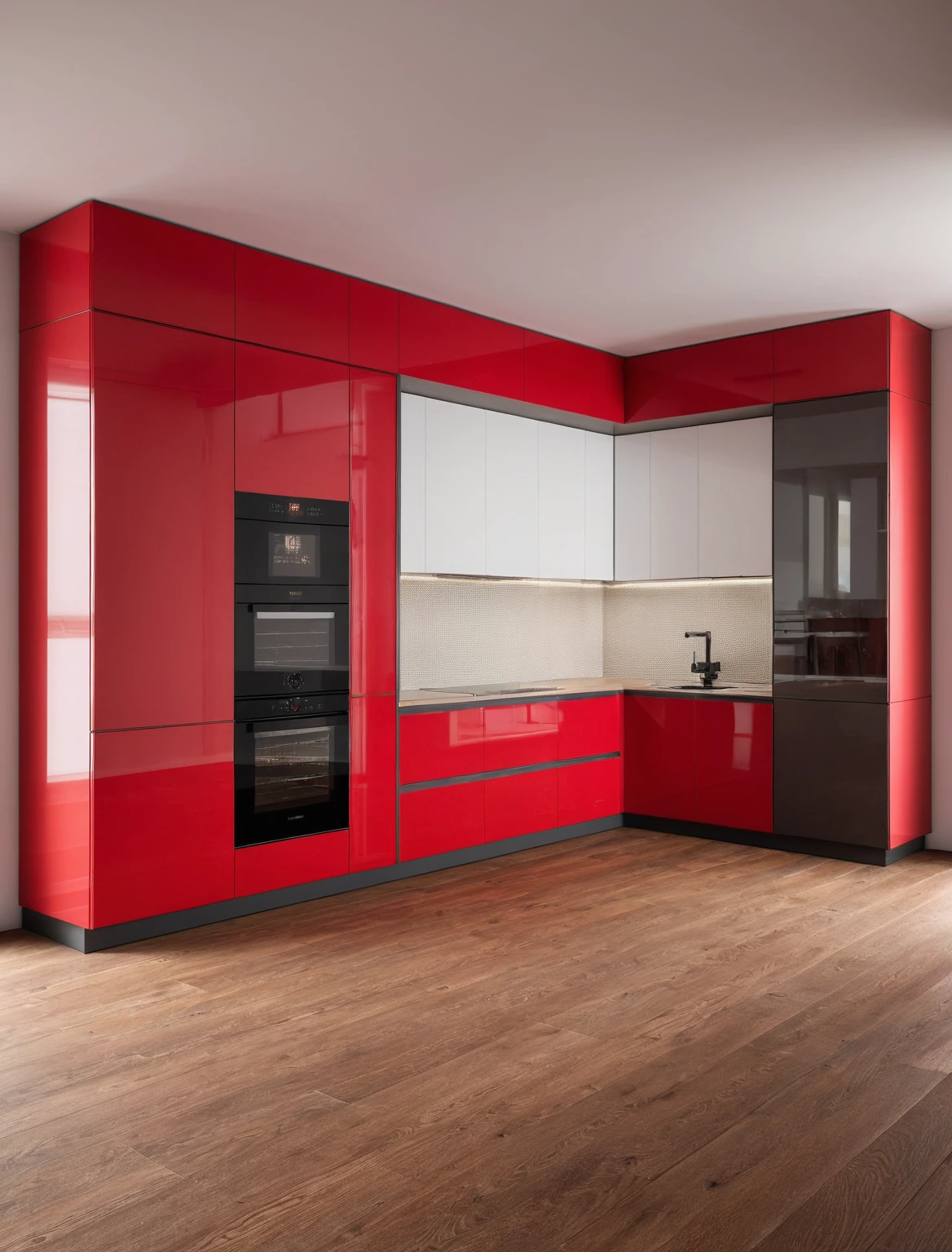 Raw photo,Masterpiece, high quality, best quality, authentic, super detail, interior , sunset, daylight, Kitchen Cabinets style modern, Induction cooker, sink, faucet, oven, built-in microwave, wooden floor, hood, wine cabinet, ((red tones))