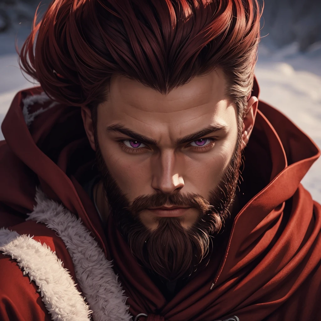 Portrait of a nordic man, dressed in red, young, brown beard, red hood and robes, art style, purple eyes,
