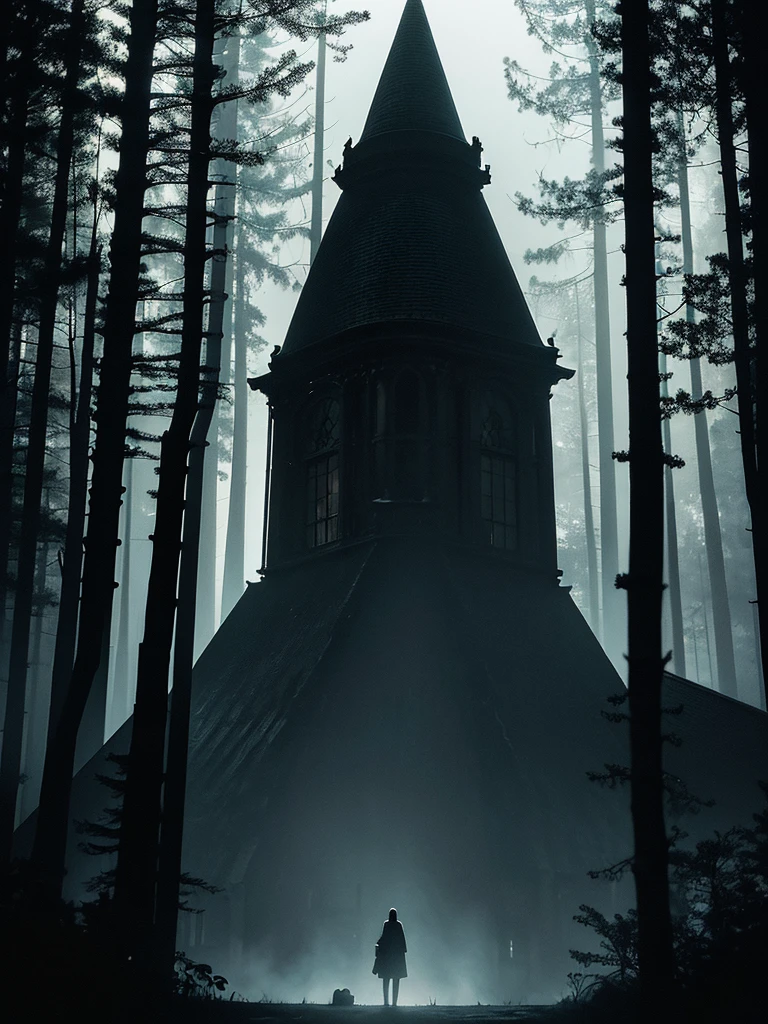 a dark mansion in a pine forest, moonlit night, tall dark silhouette of a figure, eerie atmosphere, moody lighting, detailed architectural elements, gloomy mood, dramatic shadows, photorealistic, cinematic, muted color palette, gothic, horror, mystery